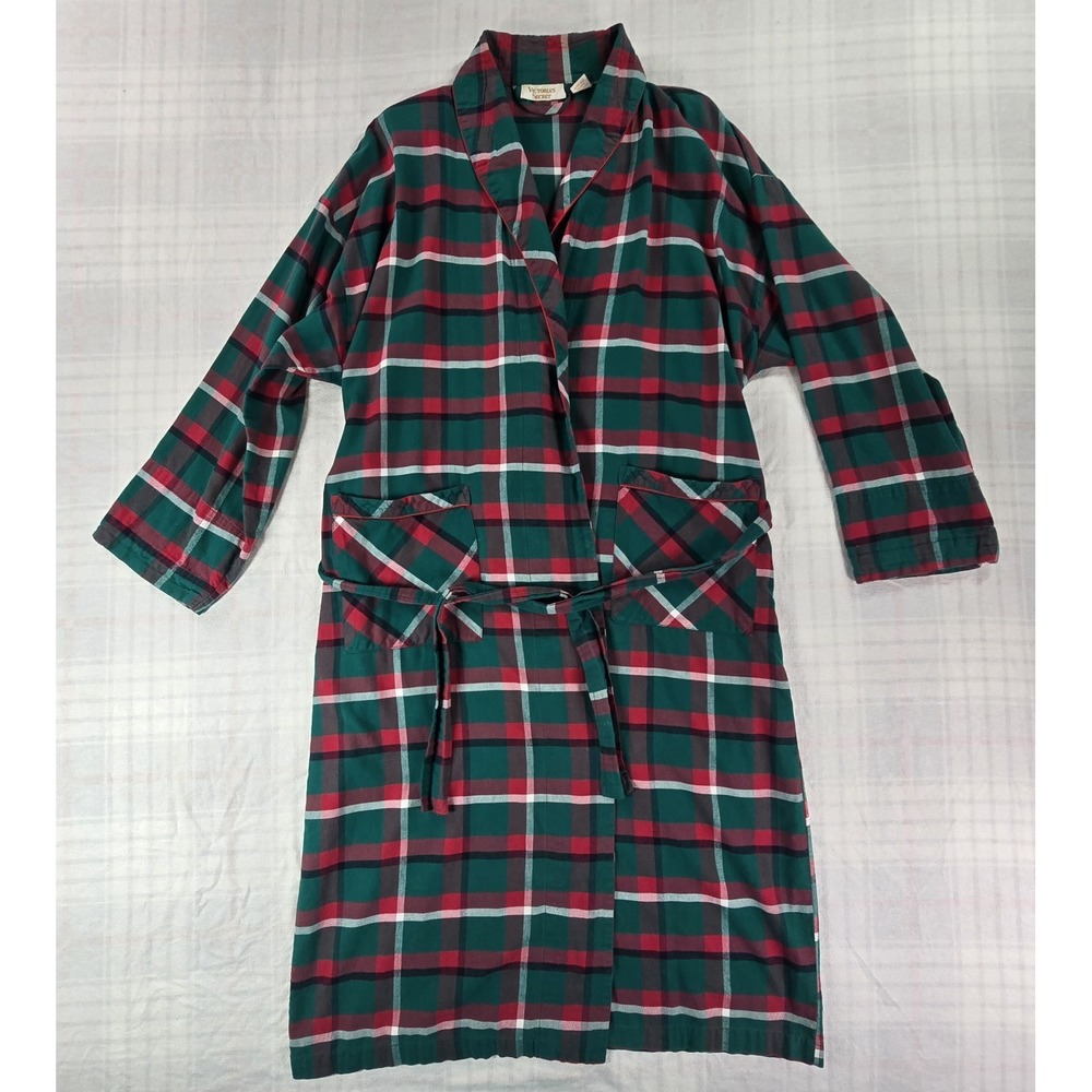 Victorias Secret Vintage Gold Label Robe 100% Cotton Red Green Plaid Womens M/L